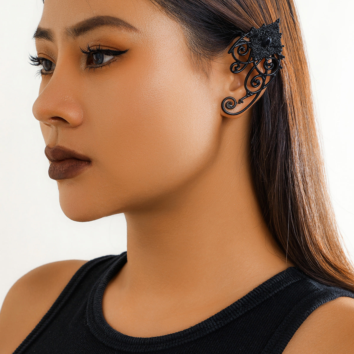Black Gothic Filigree Scroll Drop Earrings - Alloy, 7 cm - alternate view 4