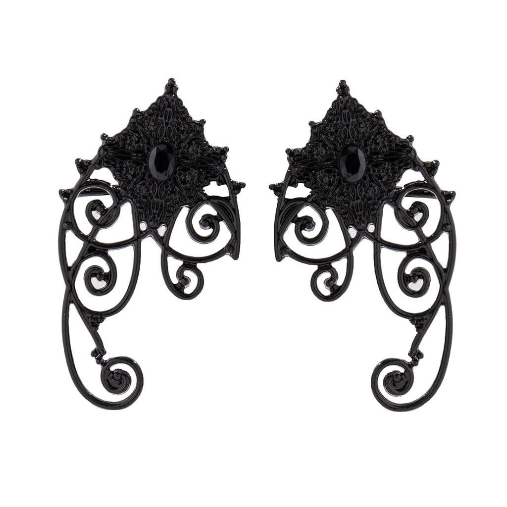 Black Gothic Filigree Scroll Drop Earrings - Alloy, 7 cm