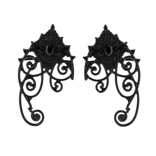 Black Gothic Filigree Scroll Drop Earrings - Alloy, 7 cm