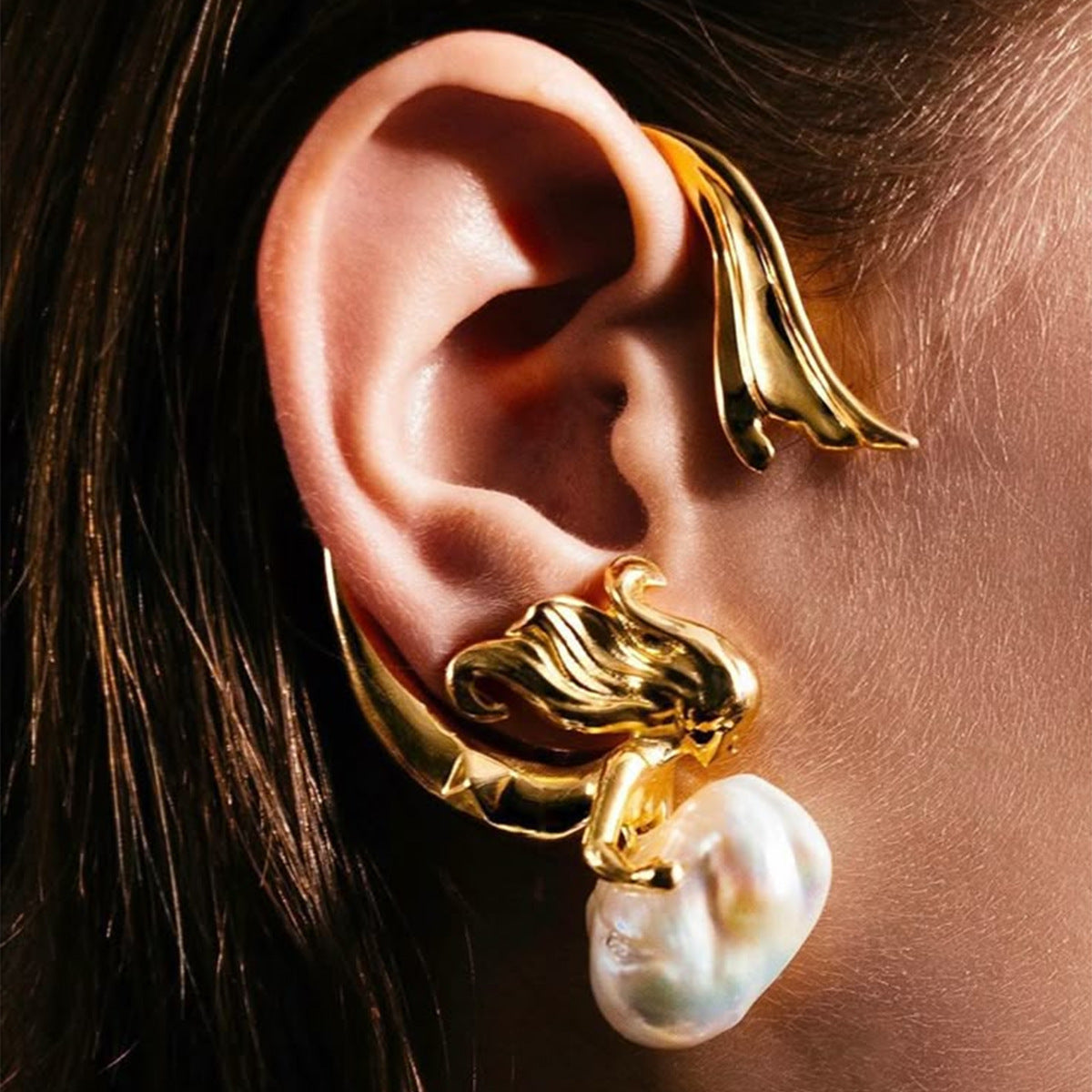 Gold-Tone Floral Imitation Pearl Right Ear Cuff - Alloy - alternate view 2